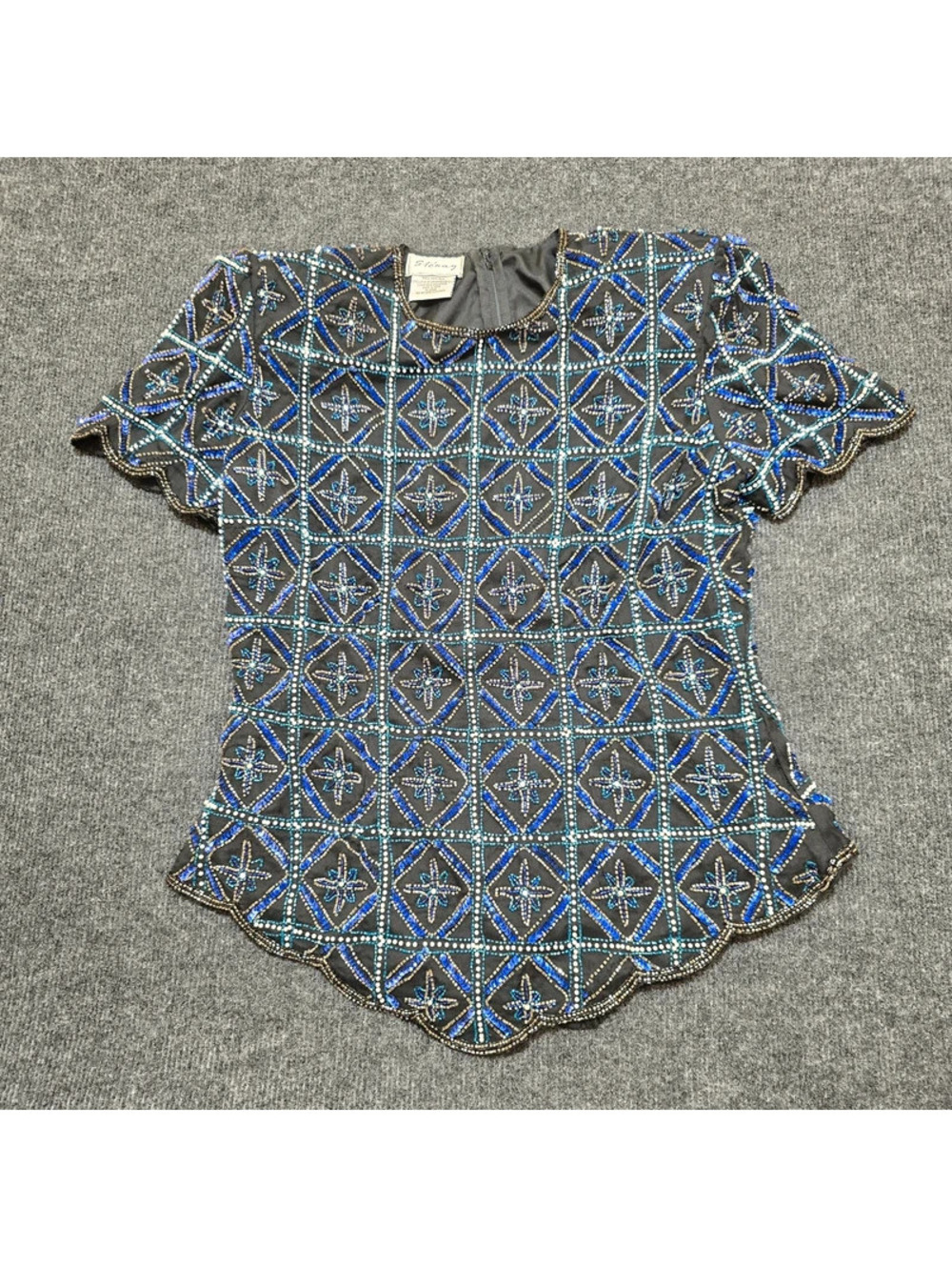 Vintage Stenay Silk Beaded Blouse M Black Blue Sequined Geometric Top Scalloped